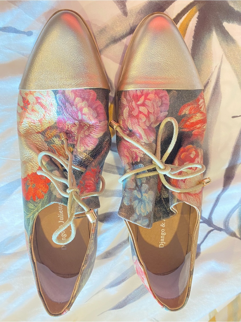 Django & Juliette Floral Metallic Cap-Toe Lace-Up Flats in Gold and Multicolor